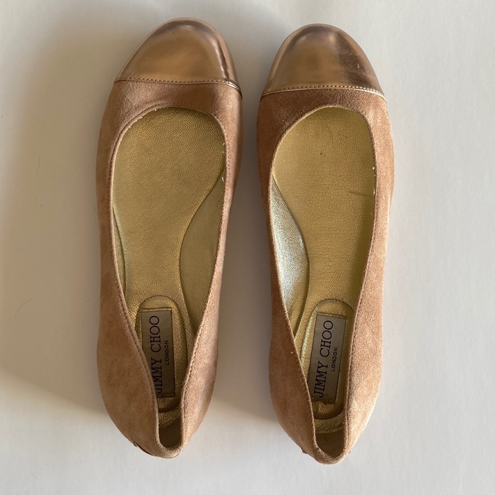 Jimmy Choo ballet flats women’s 37.5 pink/tan suede rose gold toe EUC